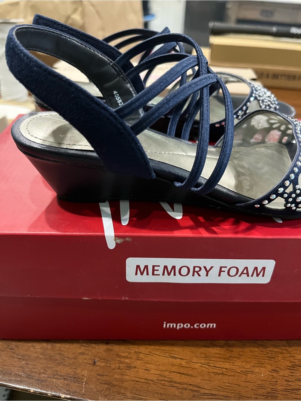 Impo Navy Strappy Wedge Sandals with Rhinestone Accents